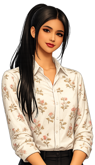 Illustration of Isha, digital marketing trainee, in a floral shirt