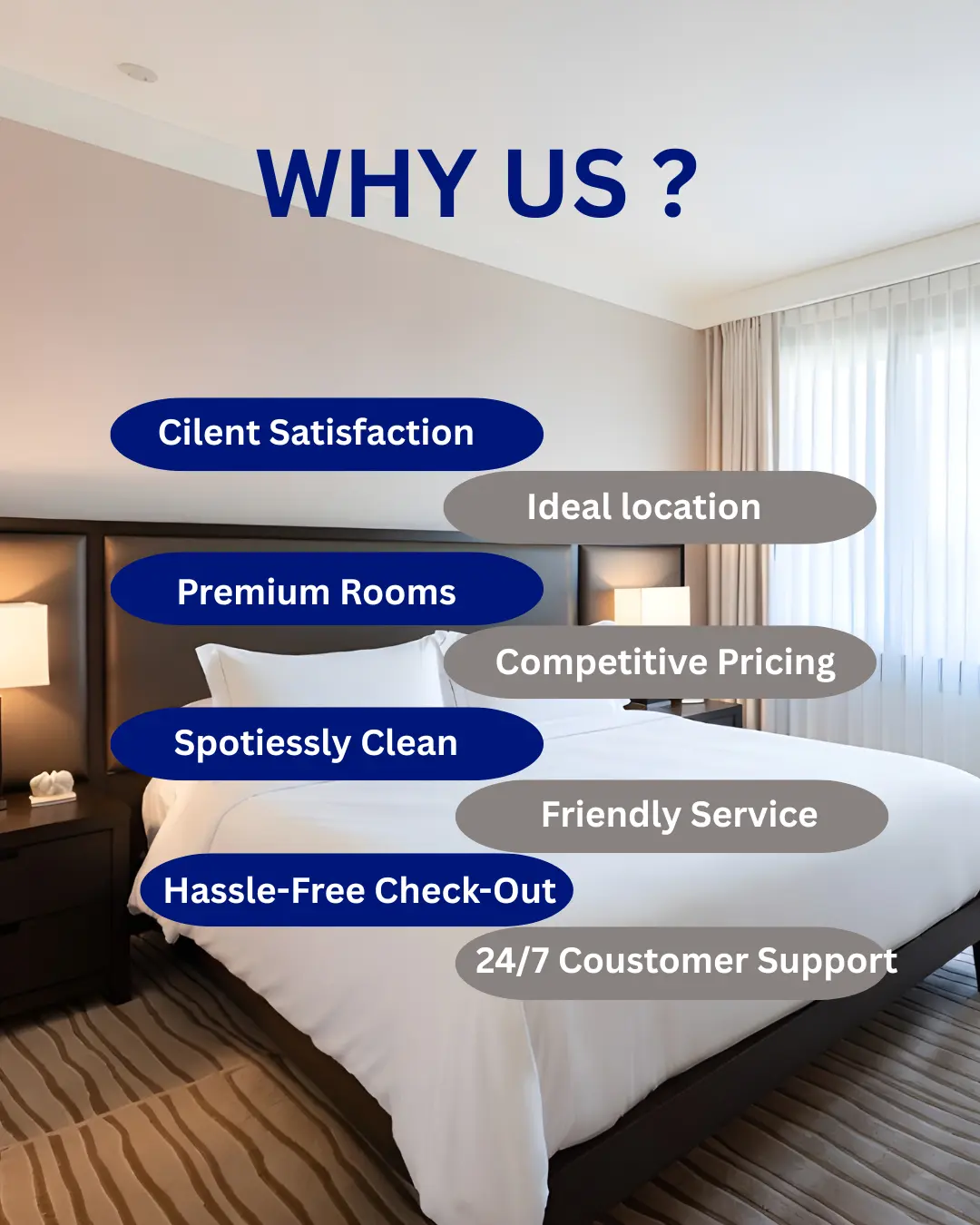 Hotel "Why Us" graphic highlighting client satisfaction, premium rooms, ideal location, and 24/7 customer support